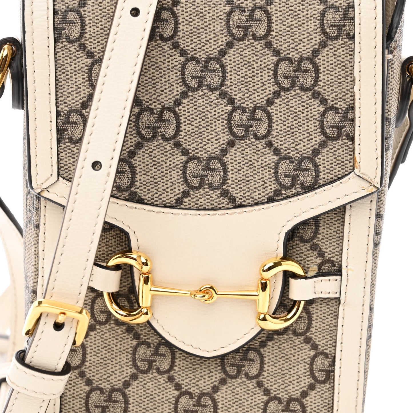 GG Supreme Monogram Azalea Calfskin Mini Horsebit 1955 Crossbody Bag Beige Ebony Mystic White