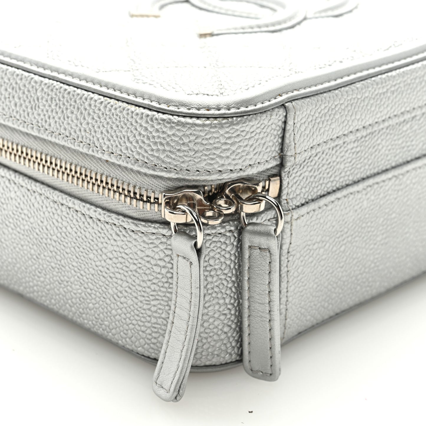 Metallic Caviar Quilted Medium CC Filigree Vanity Case Silver