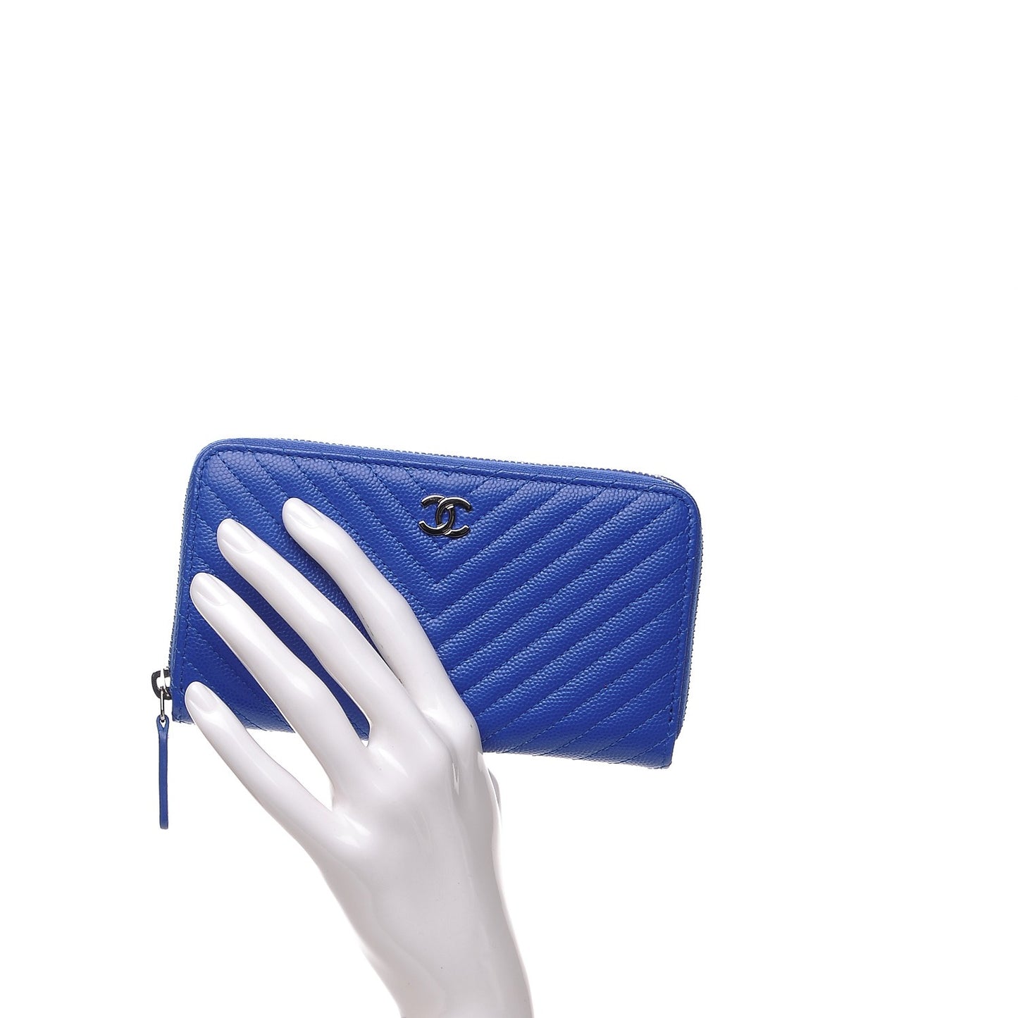 Caviar Chevron Quilted Small Zip Around Wallet Bright Blue