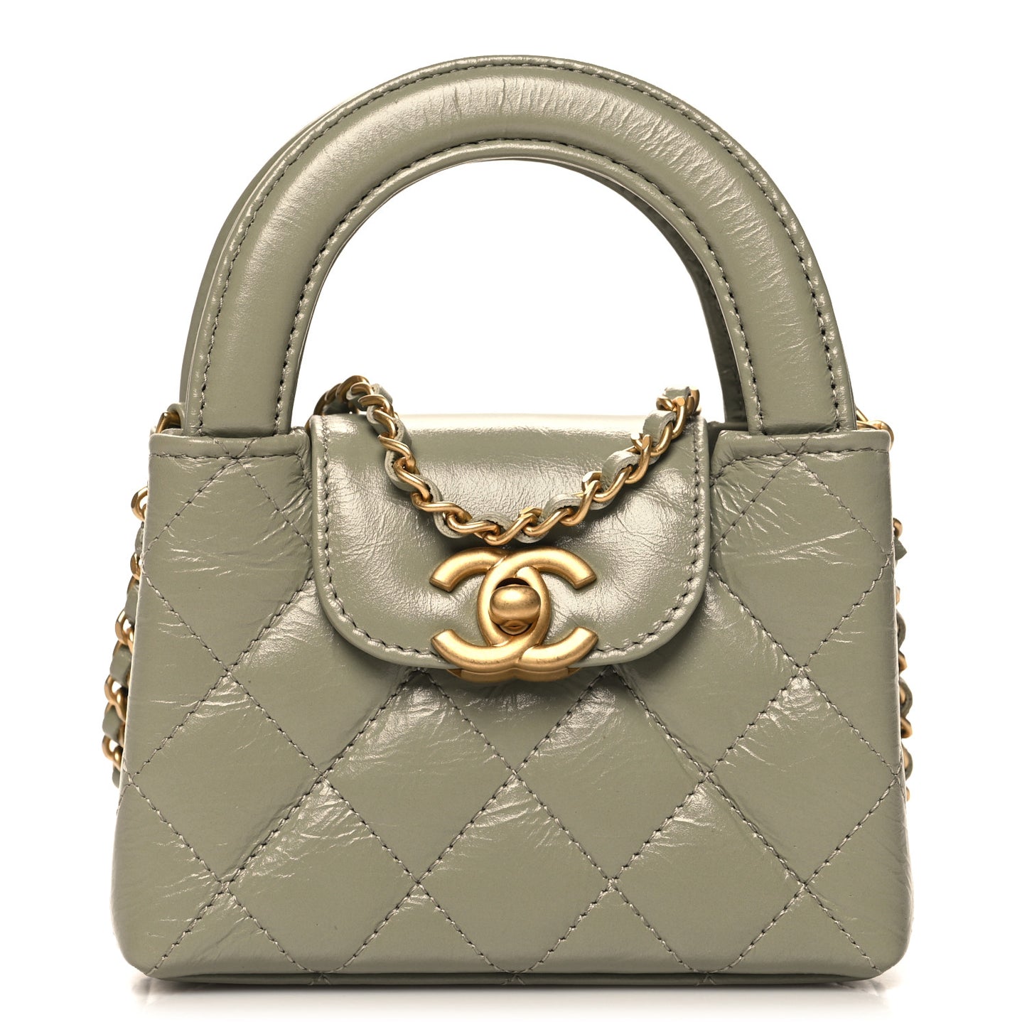 Shiny Aged Calfskin Quilted Mini Nano Kelly Shopper Khaki