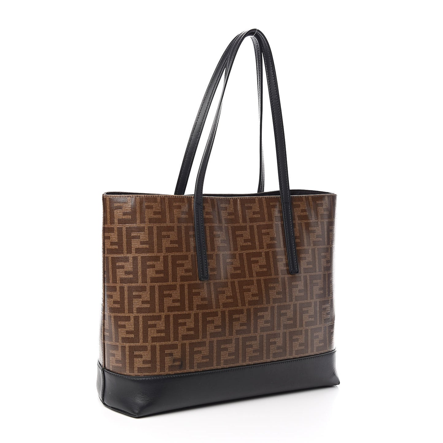 Glazed Fabric Vitello Century FF 1974 Stamp Patch Shopping Tote Mogano Panna Black