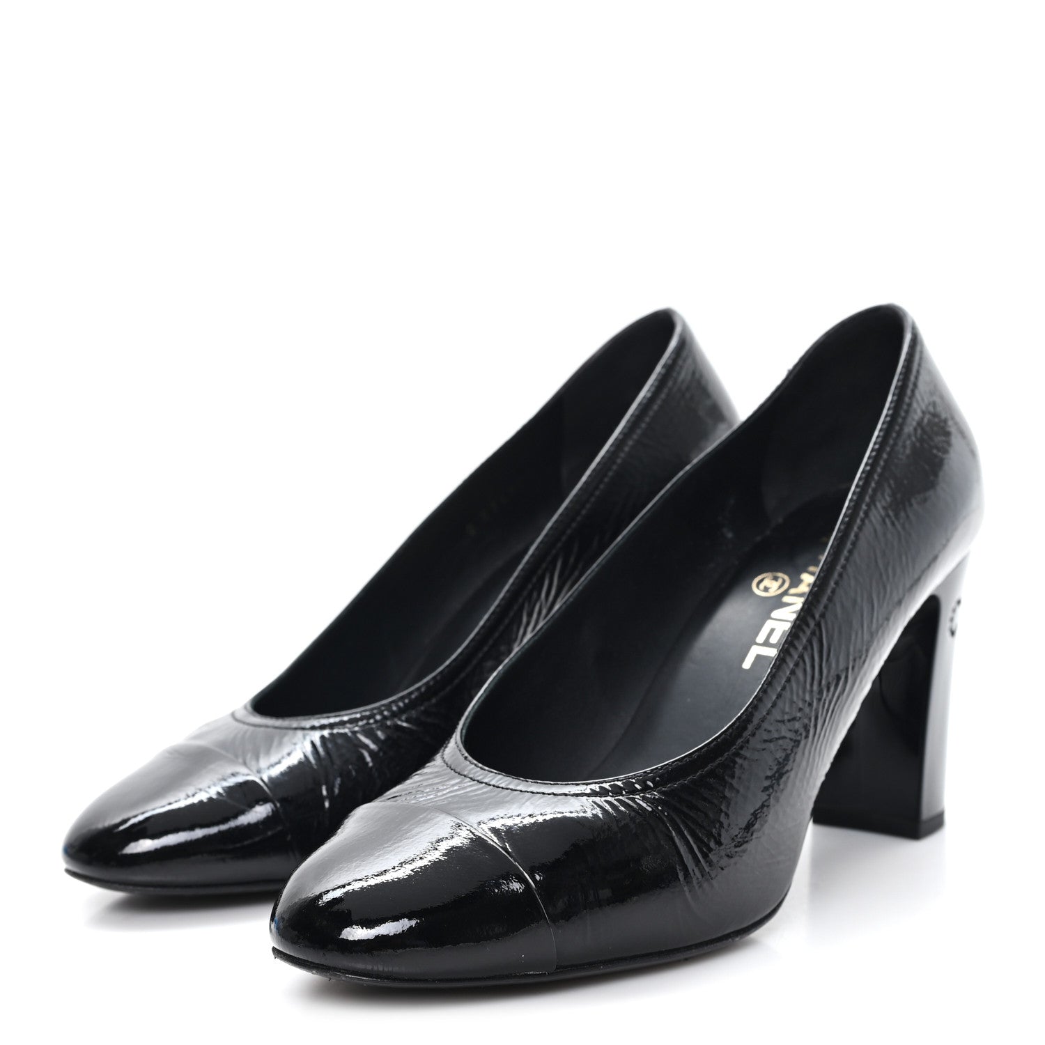 Chanel Crumpled Goatskin Patent Calfskin Crystal Cap Toe Logo Pumps 39 Black 4 of 10