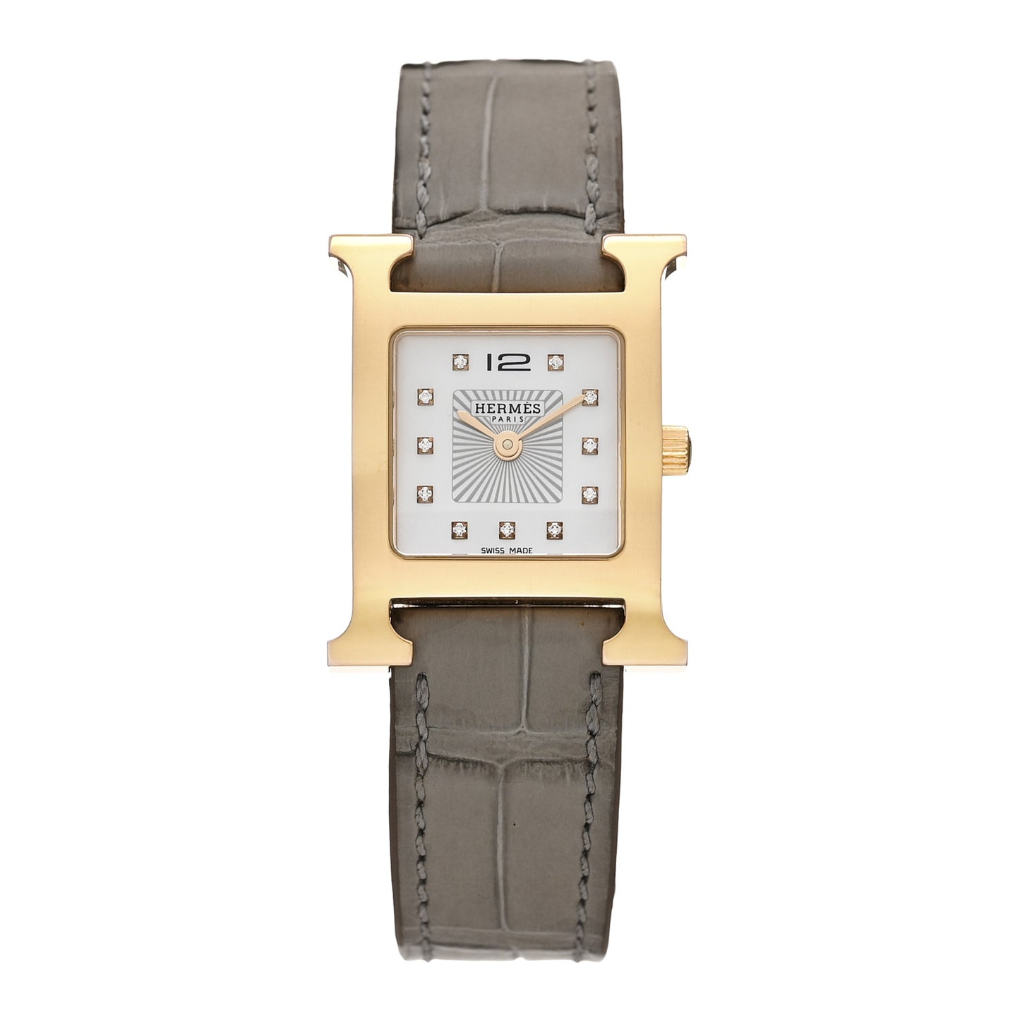 Stainless Steel Alligator Diamond Mother of Pearl 21mm Heure H Hour Quartz Watch Gris Perle