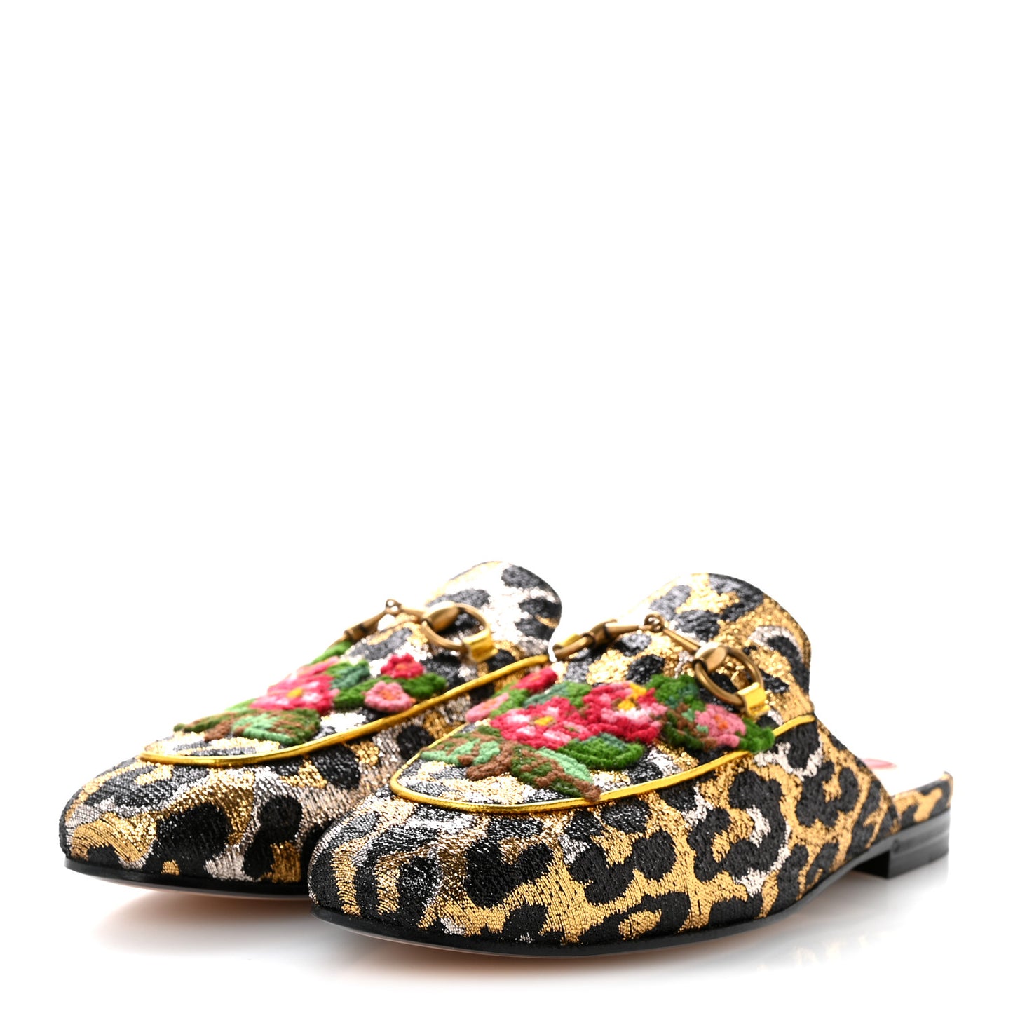 Lurex Jacquard Leopard Embroidered Womens Princetown Slippers 36 Black Gold