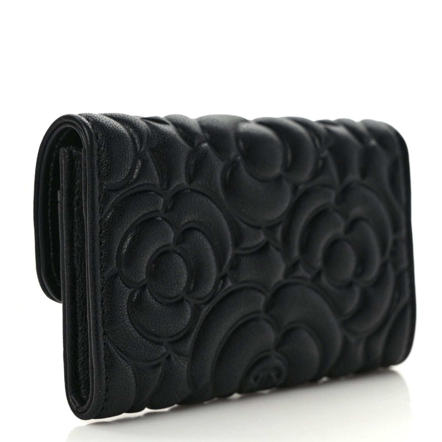 Chanel Goatskin Camellia Embossed Flap Card Holder Wallet Black 3 of 7
