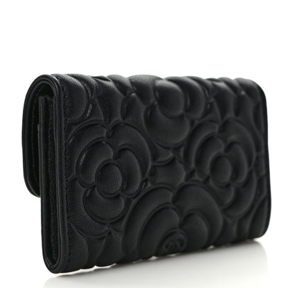 Chanel Goatskin Camellia Embossed Flap Card Holder Wallet Black 3 of 7