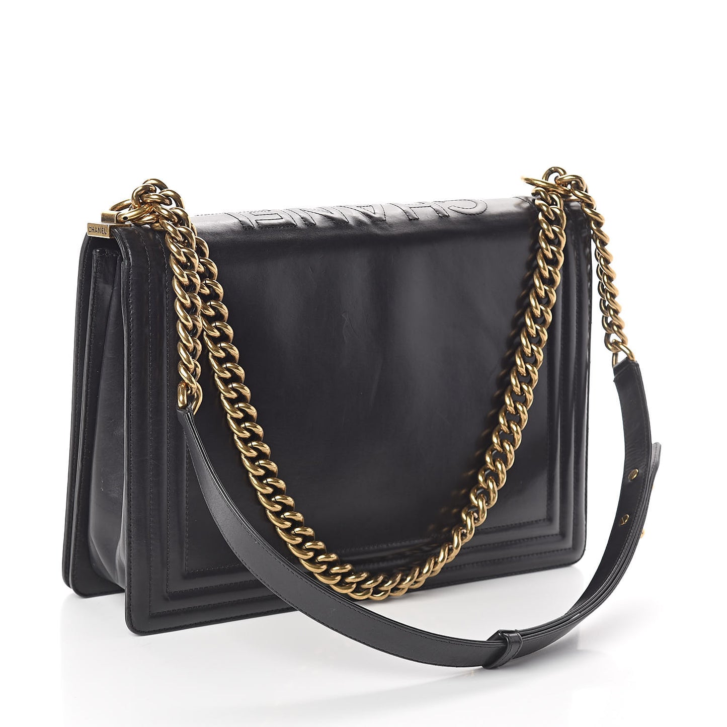 Glazed Calfskin Large Boy Flap Black