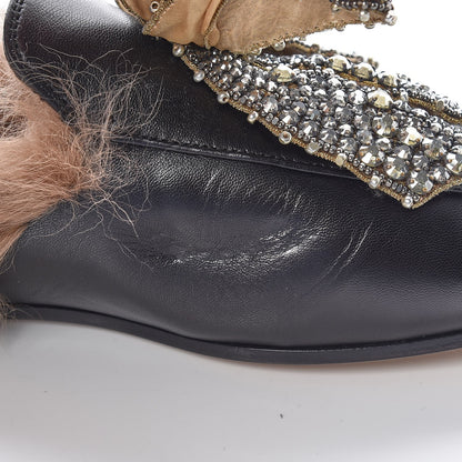 Gucci Malaga Kid Fur Crystal Bow Embroidered Womens Princetown Slippers 37 Black 10 of 12