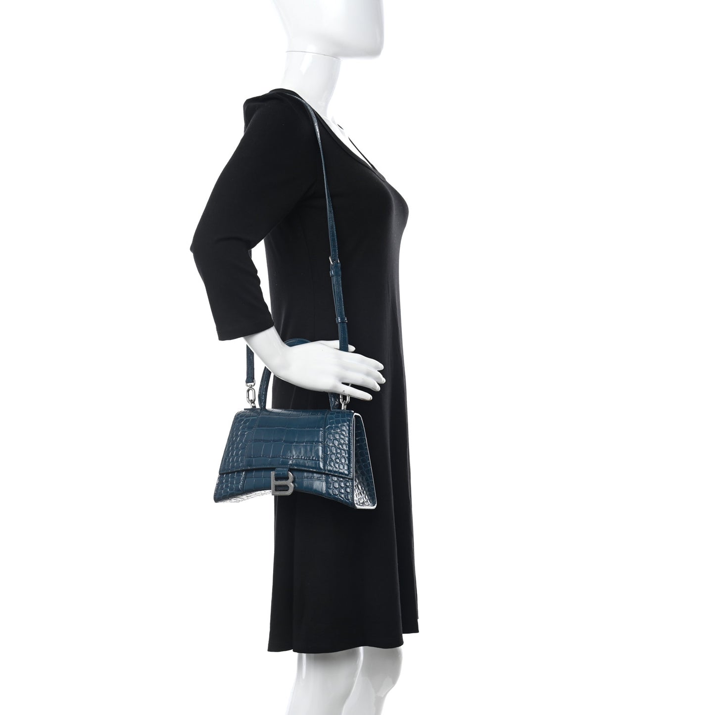 Shiny Calfskin Crocodile Embossed Small Hourglass Top Handle Bag Dark Petrol Blue