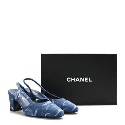 Chanel Printed Denim Cap Toe CC Slingback Pumps 38.5 Dark Blue White 9 of 9