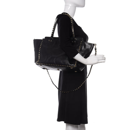 Valentino Garavani Textured Calfskin Medium Rockstud Tote Black 2 of 13