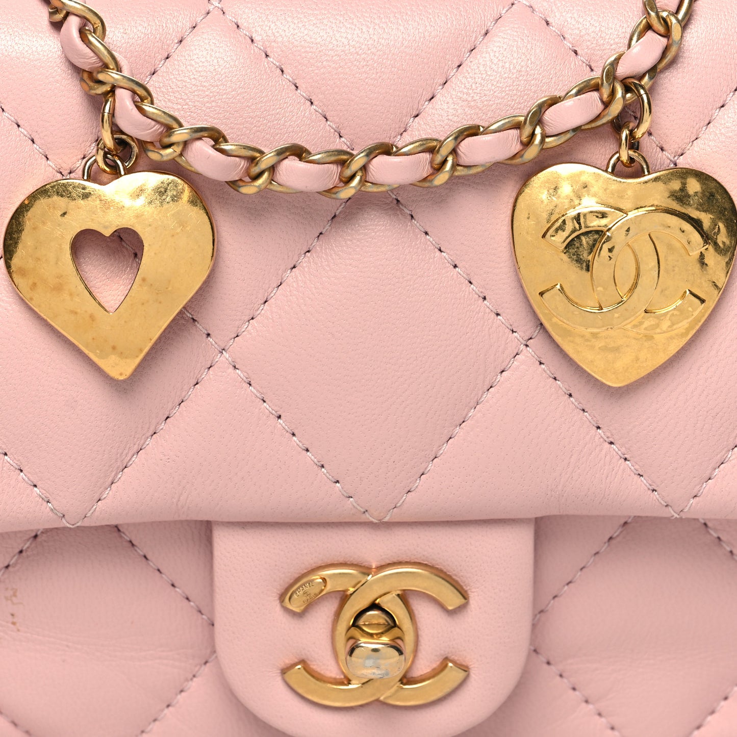 Lambskin Quilted Mini Heart Charms Flap Light Pink