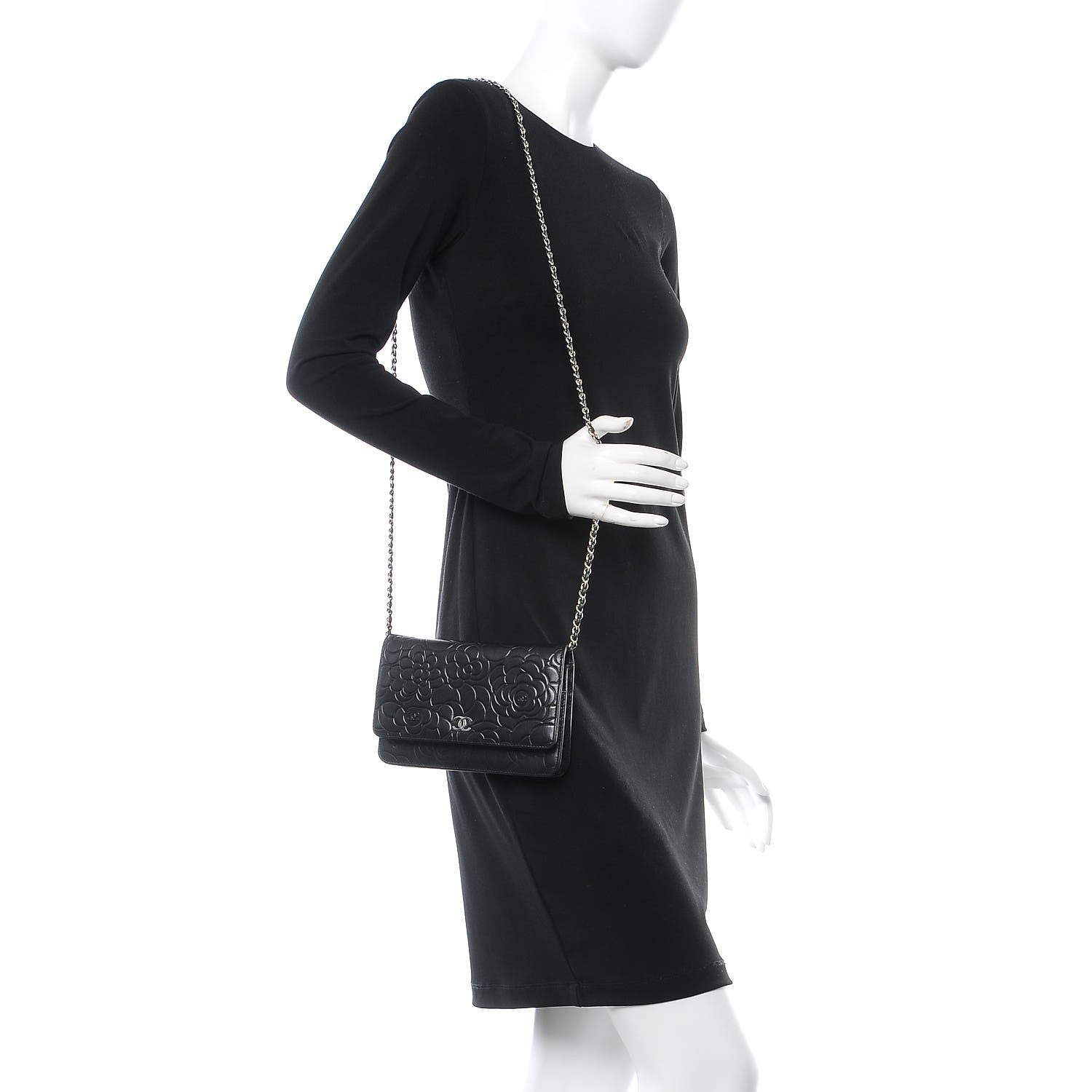 Chanel Lambskin Camellia Embossed Wallet on Chain WOC Black 2 of 9
