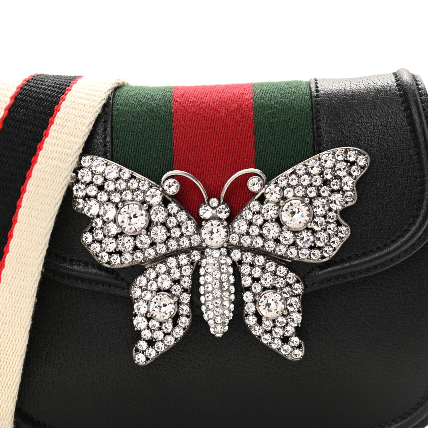 Gucci Calfskin Web Crystal Butterfly Stripe Small Totem Shoulder Bag Black 8 of 11