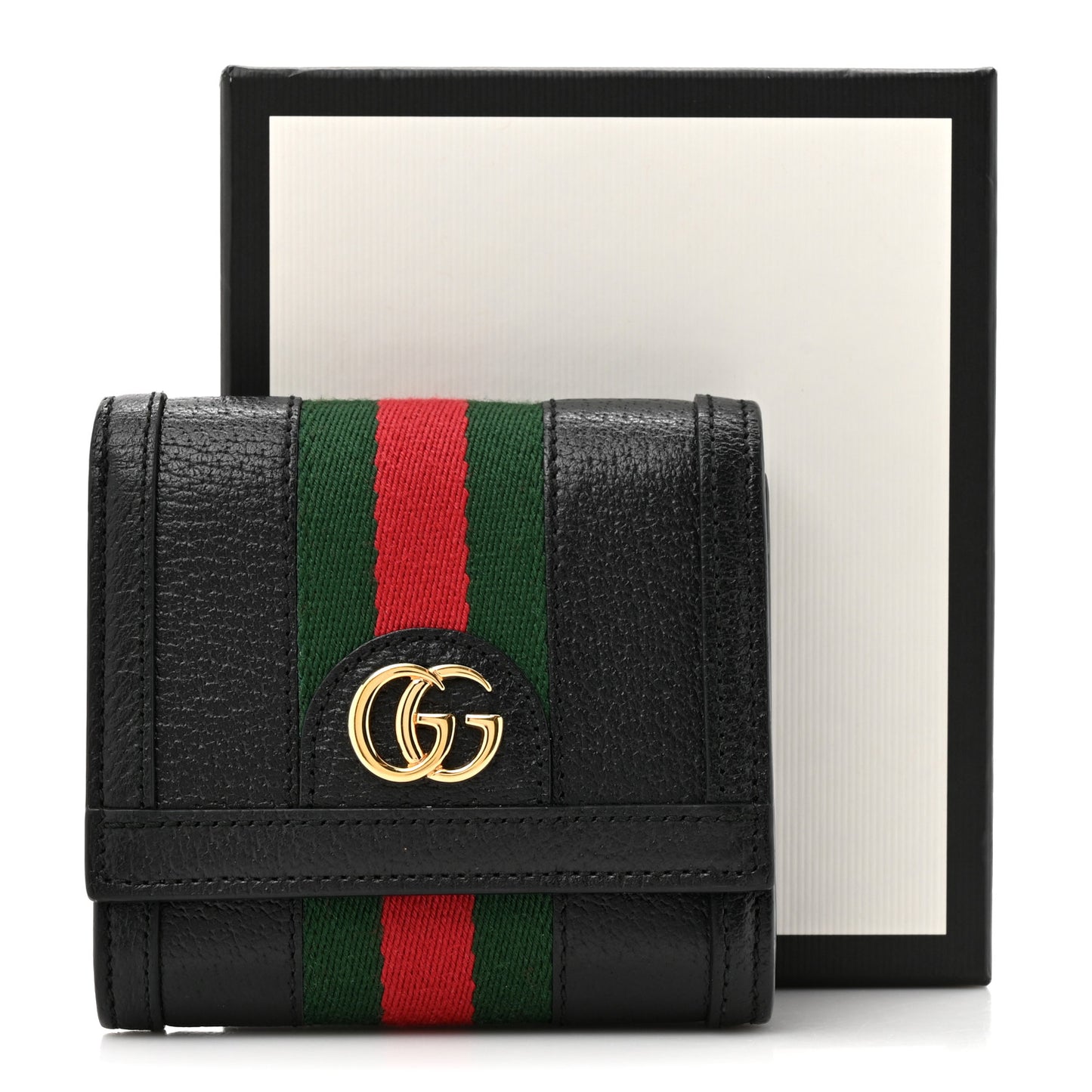 Textured Dollar Calfskin Web Ophidia Card Case Wallet Black