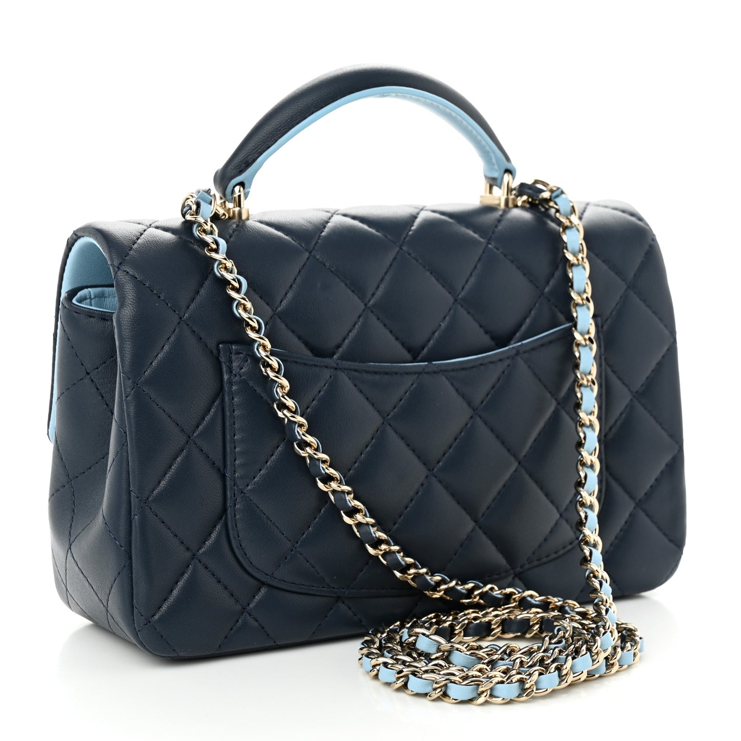 Lambskin Quilted Bi-Color Mini Top Handle Rectangular Flap Navy Blue Light Blue