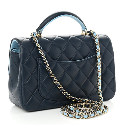 Chanel Lambskin Quilted Bi-Color Mini Top Handle Rectangular Flap Navy Blue Light Blue 3 of 11