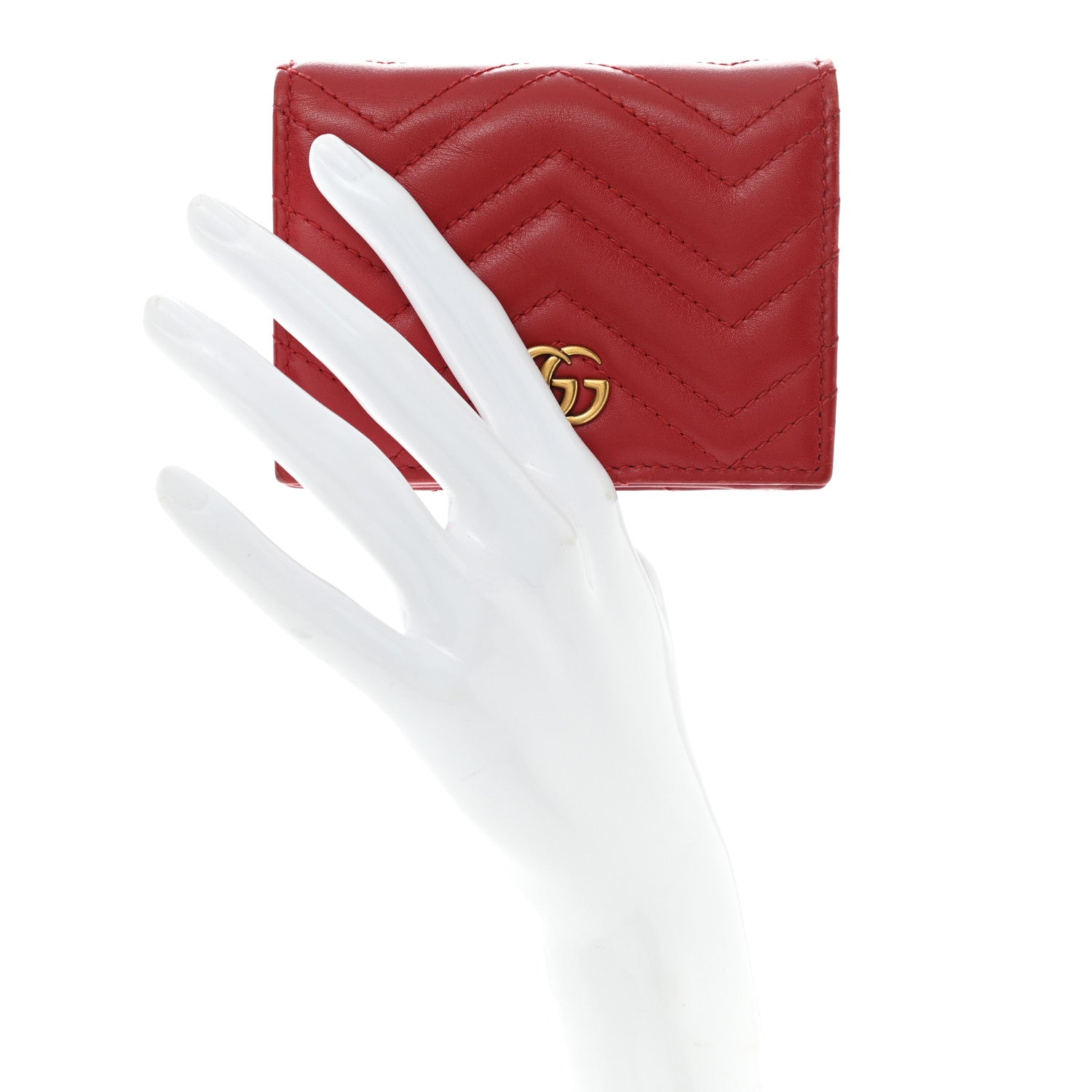 Gucci Calfskin Matelasse GG Marmont Card Case Wallet Hibiscus Red 2 of 9