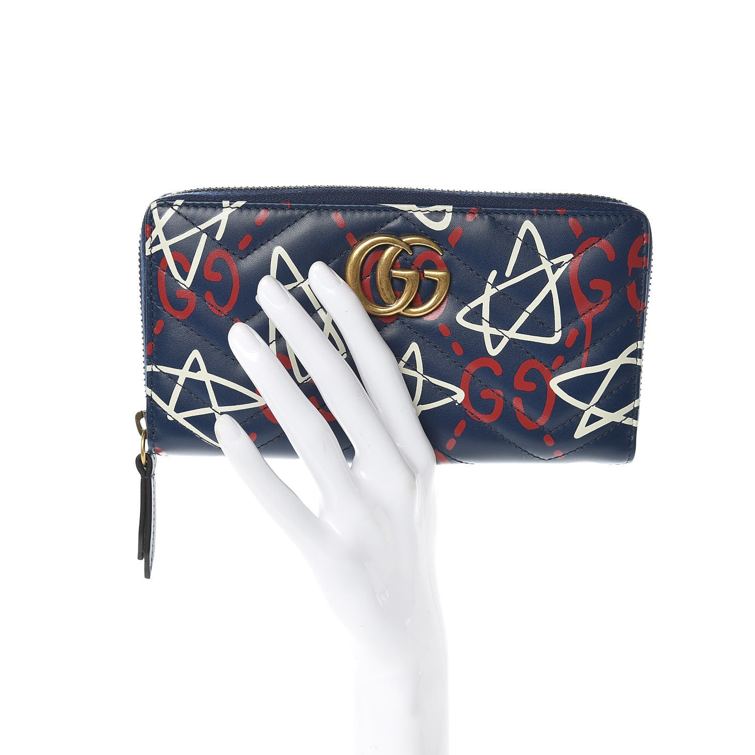 Gucci Calfskin Matelasse GucciGhost GG Marmont Zip Around Wallet Blue Agata Hibiscus Red 2 of 7