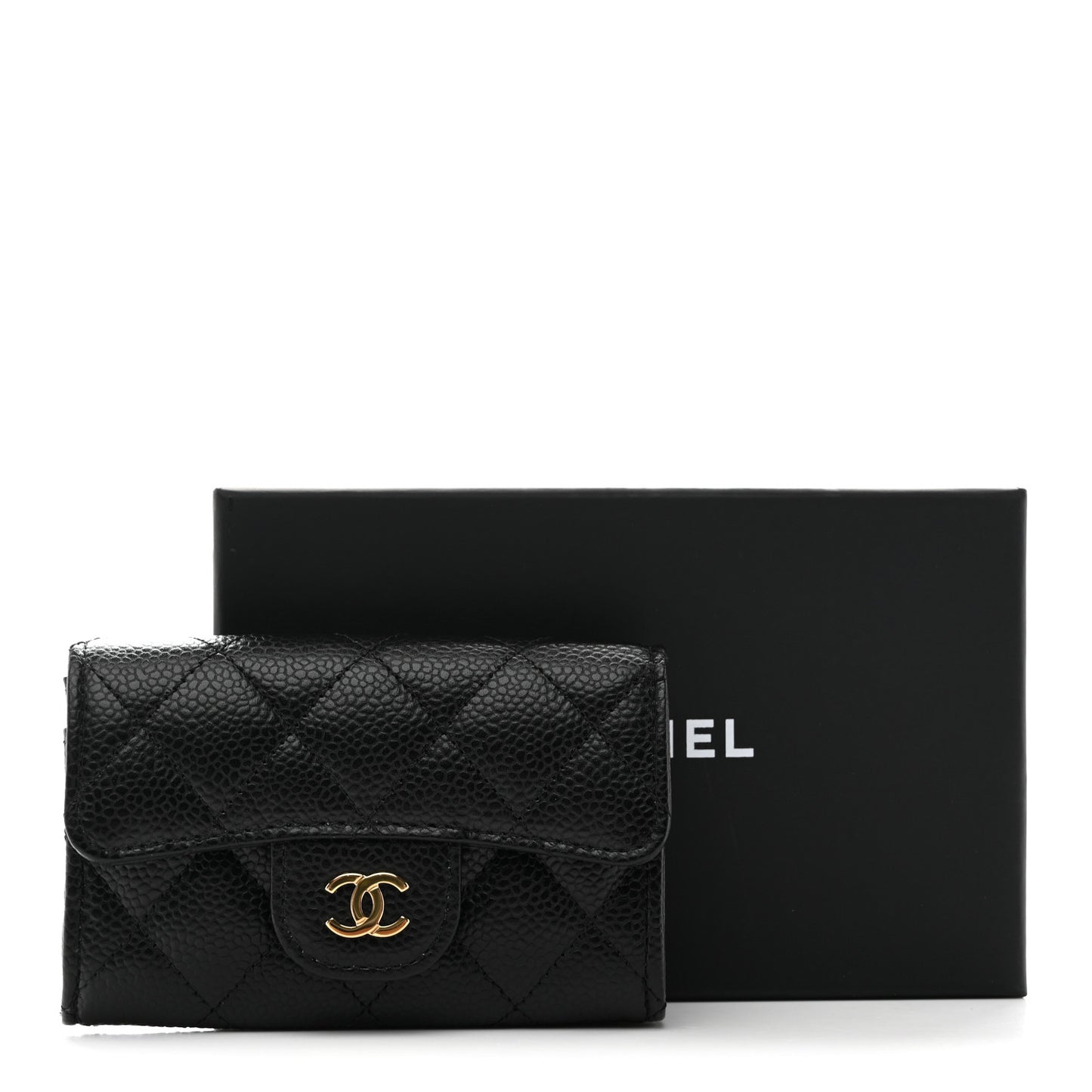 Caviar Quilted Flap Card Holder Wallet Black