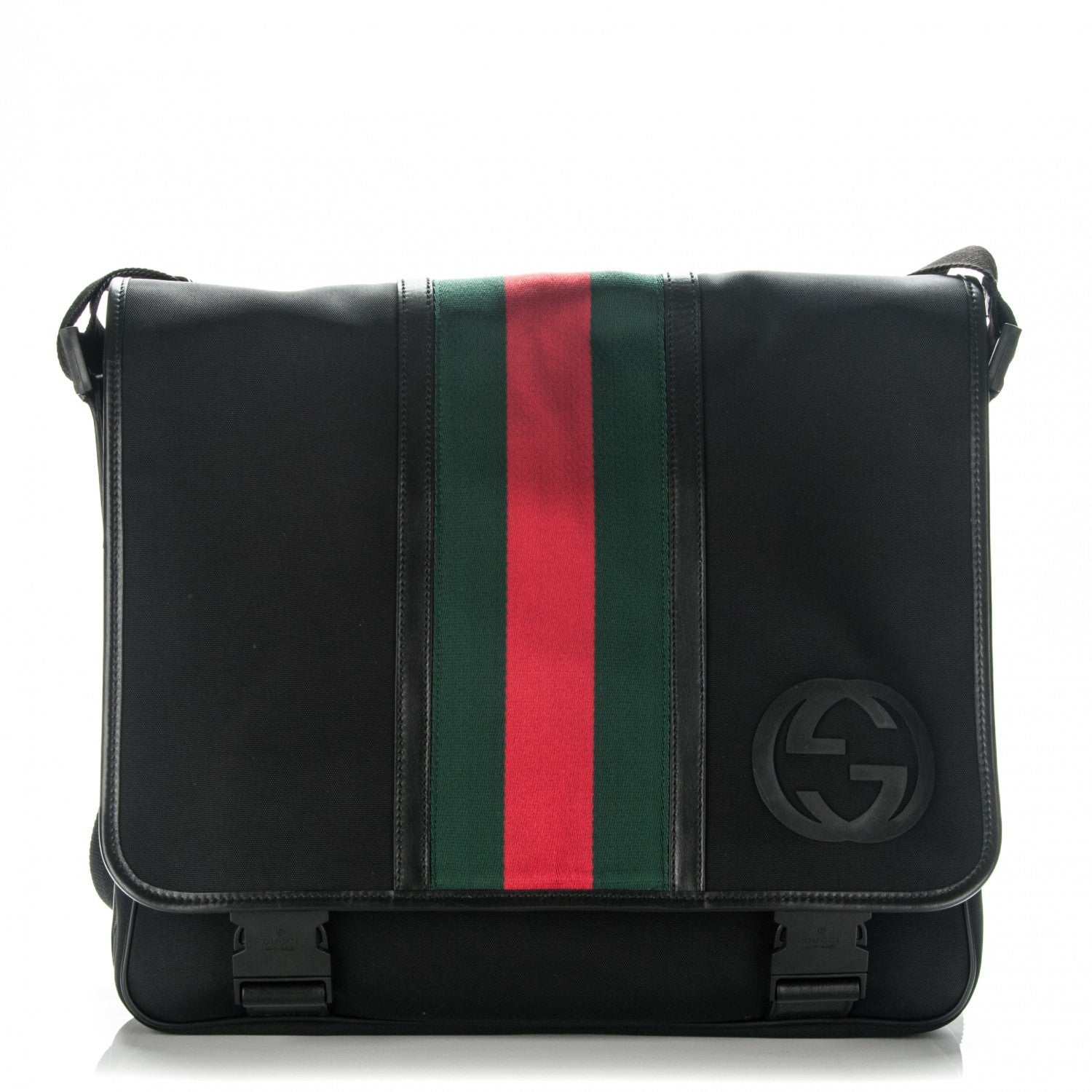Gucci Nylon Web Snow Glam Double Buckle Flap Messenger Bag Black 1 of 7