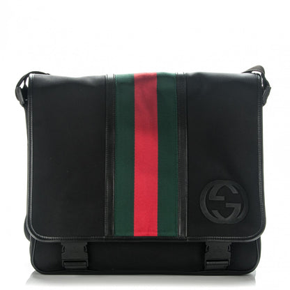 Gucci Nylon Web Snow Glam Double Buckle Flap Messenger Bag Black 1 of 7