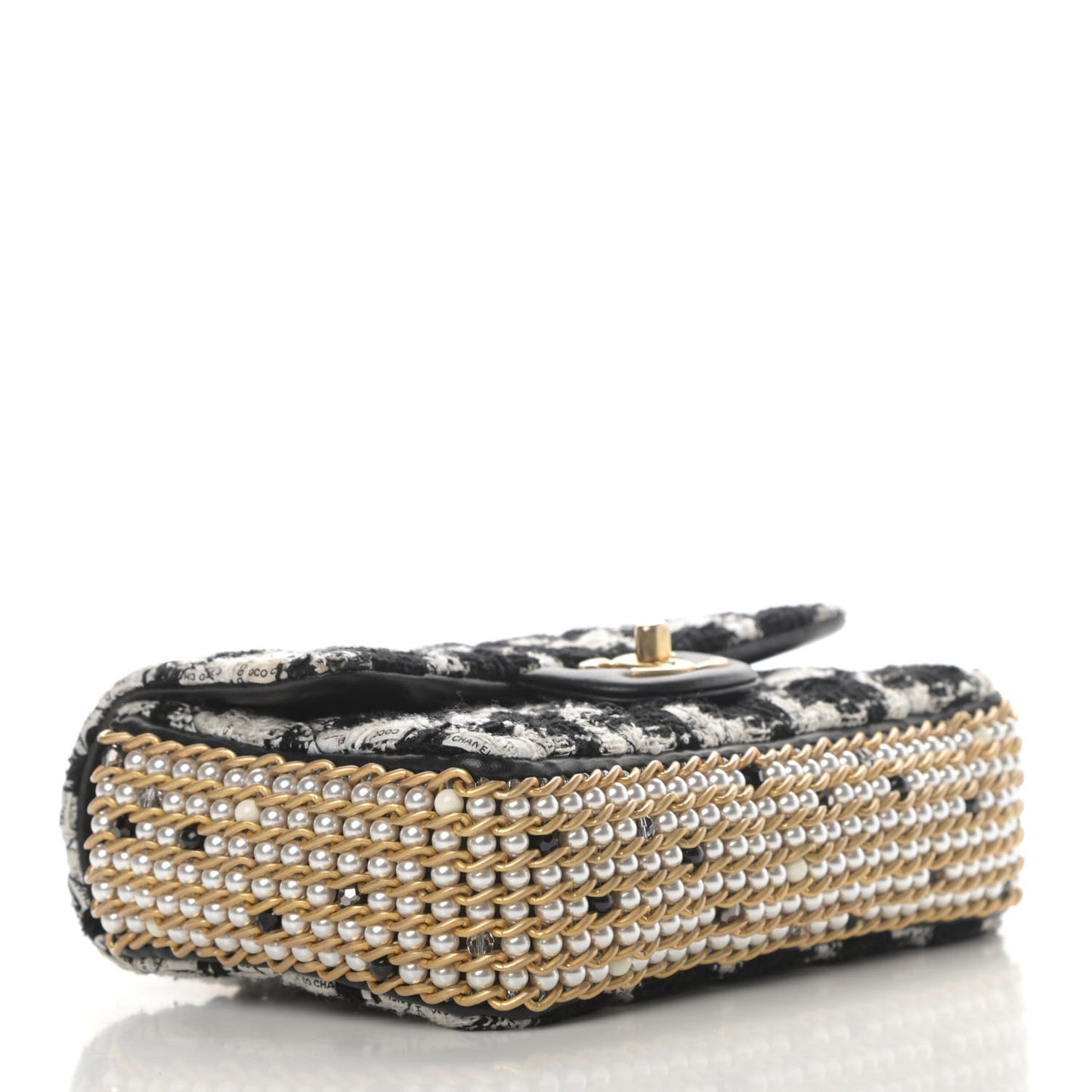 Tweed Quilted Mini Side Pearl Flap Bag Black Ecru White