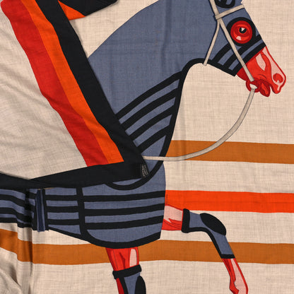 Hermes Cashmere Silk Cheval A La Couverture Shawl 140 Naturel Rouge Brique 5 of 6