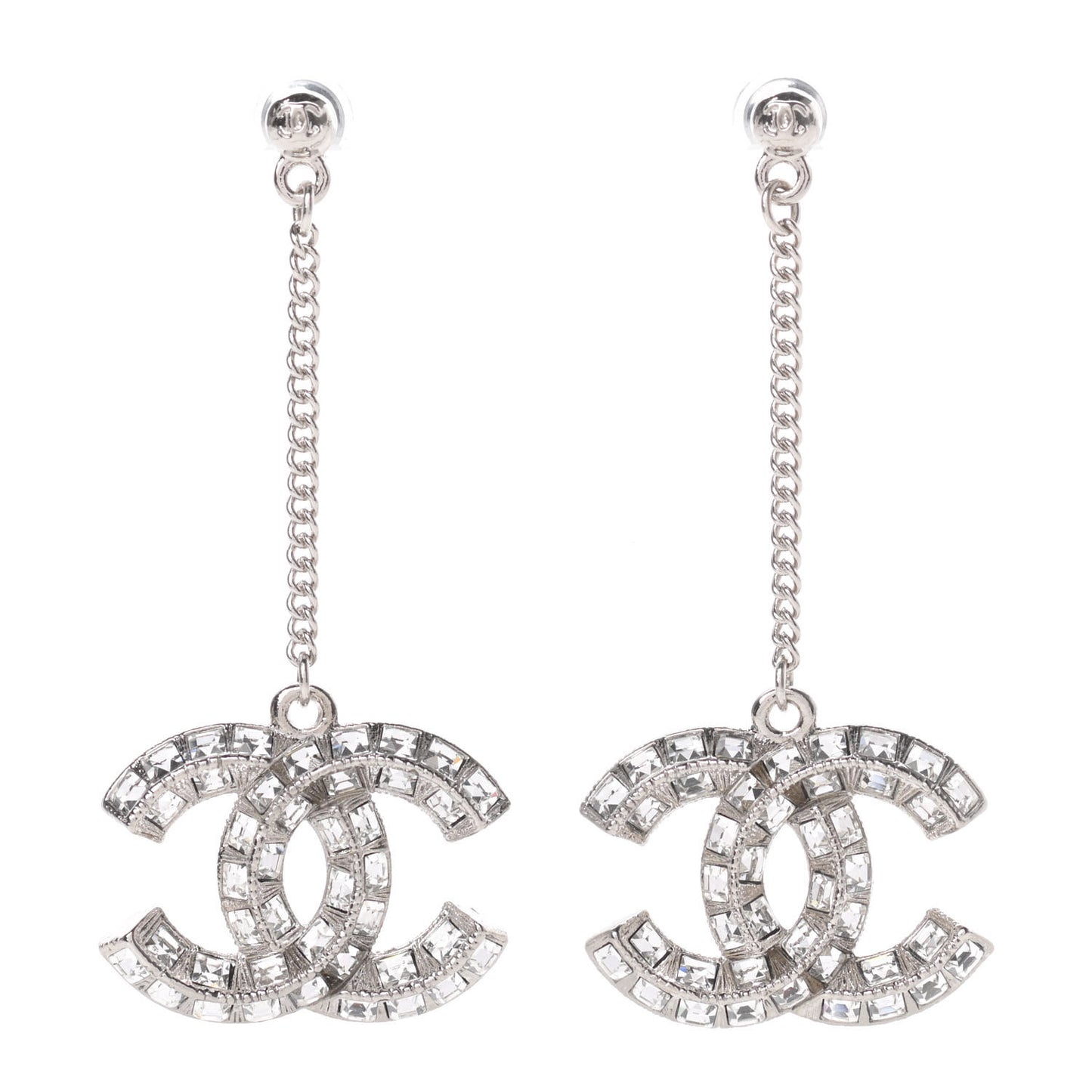 Baguette Crystal CC Drop Earrings Silver