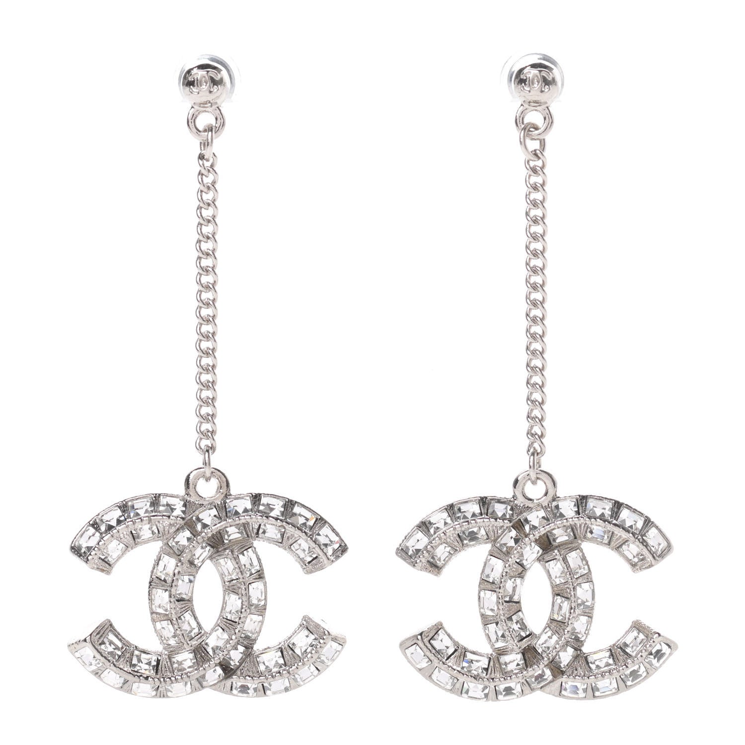 Chanel Baguette Crystal CC Drop Earrings Silver 1 of 5