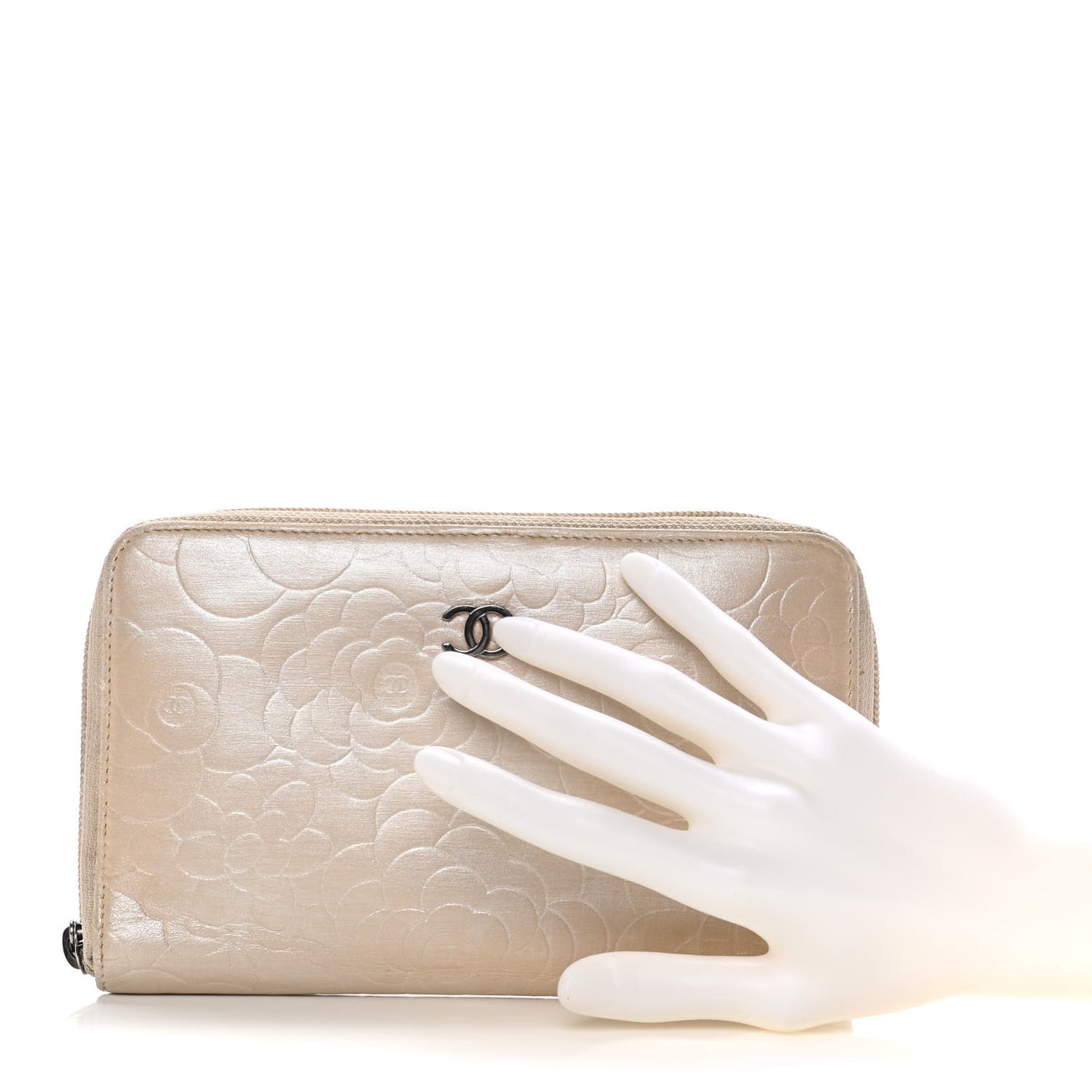 Lambskin Camellia Embossed Zip Around Organizer Wallet Light Beige