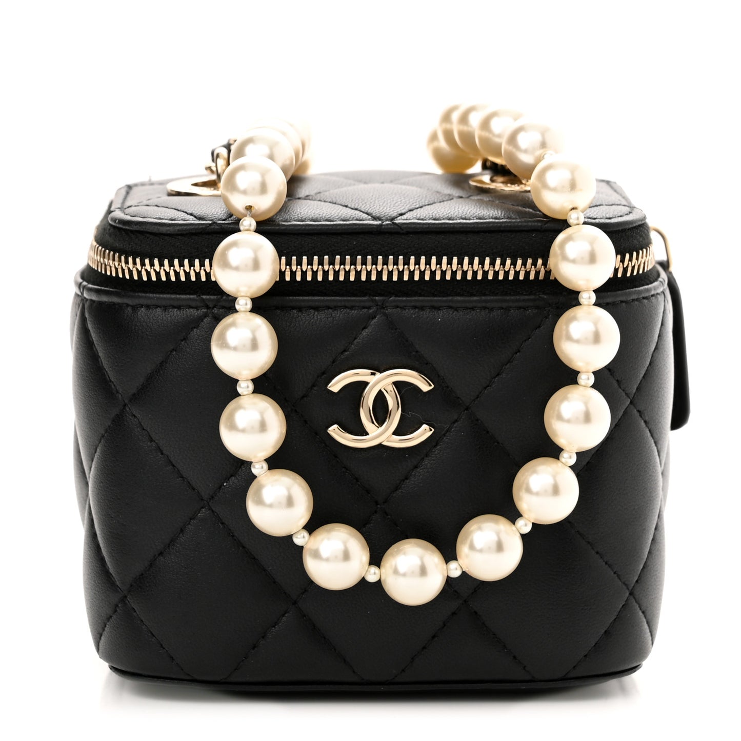 Lambskin Quilted Mini Vanity Case With Pearl Chain Black