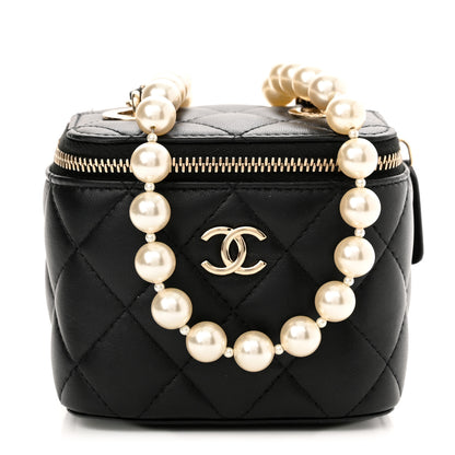 Chanel Lambskin Quilted Mini Vanity Case With Pearl Chain Black 1 of 12