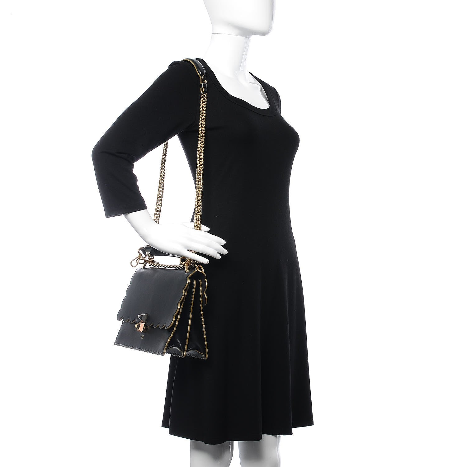 Fendi Vitello Liberty Scalloped Studded Kan I Shoulder Bag Black 2 of 7