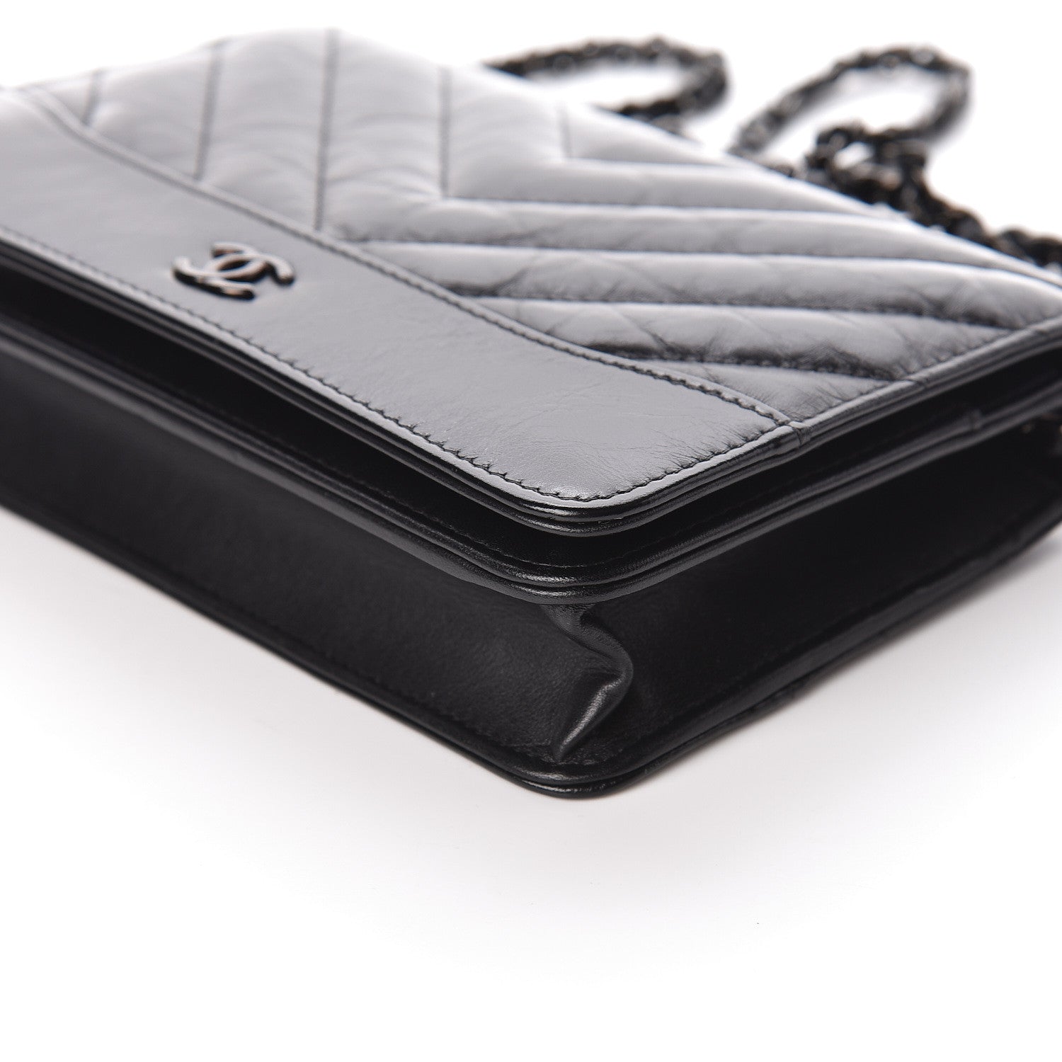 Chanel Aged Calfskin Chevron Quilted Gabrielle Wallet On Chain WOC Black 10 of 12