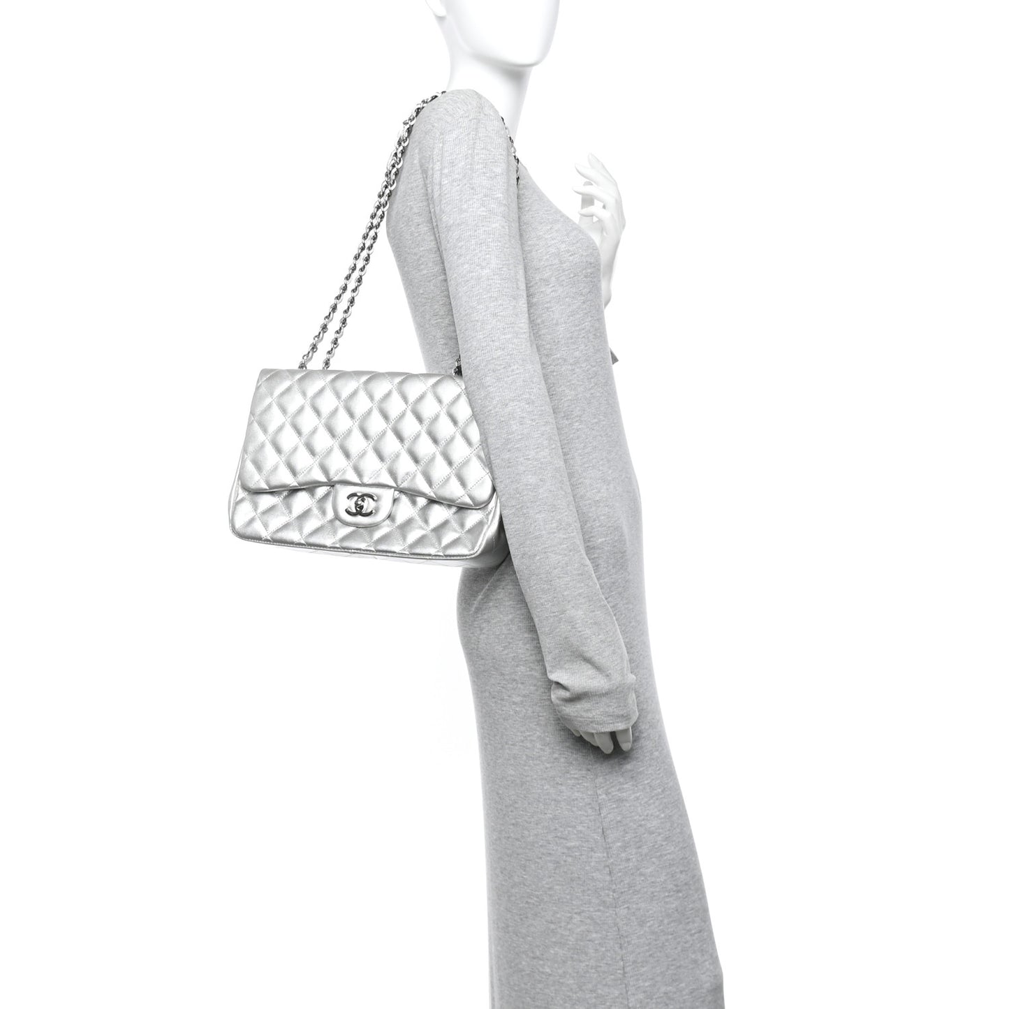Metallic Lambskin Quilted Jumbo Single Flap Silver