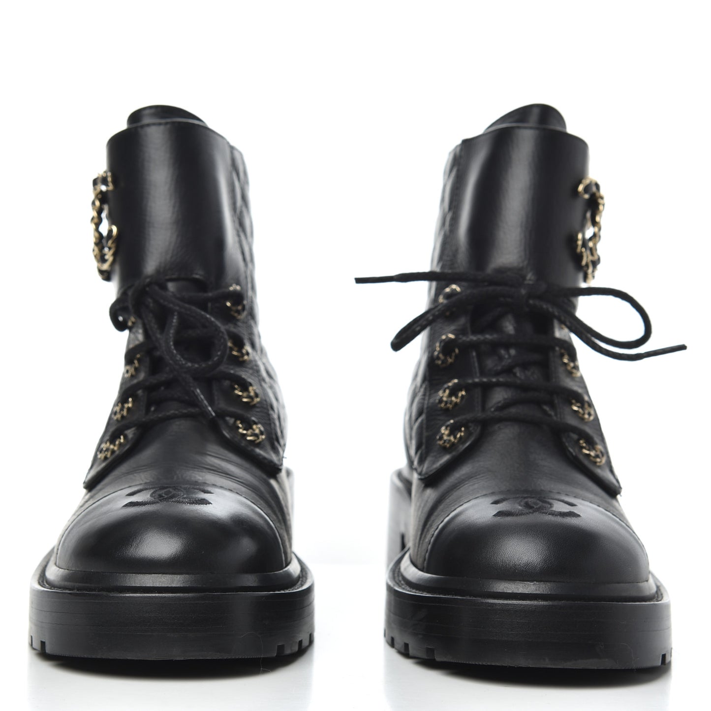 Shiny Goatskin Calfskin Quilted Lace Up Combat Boots 39 Black