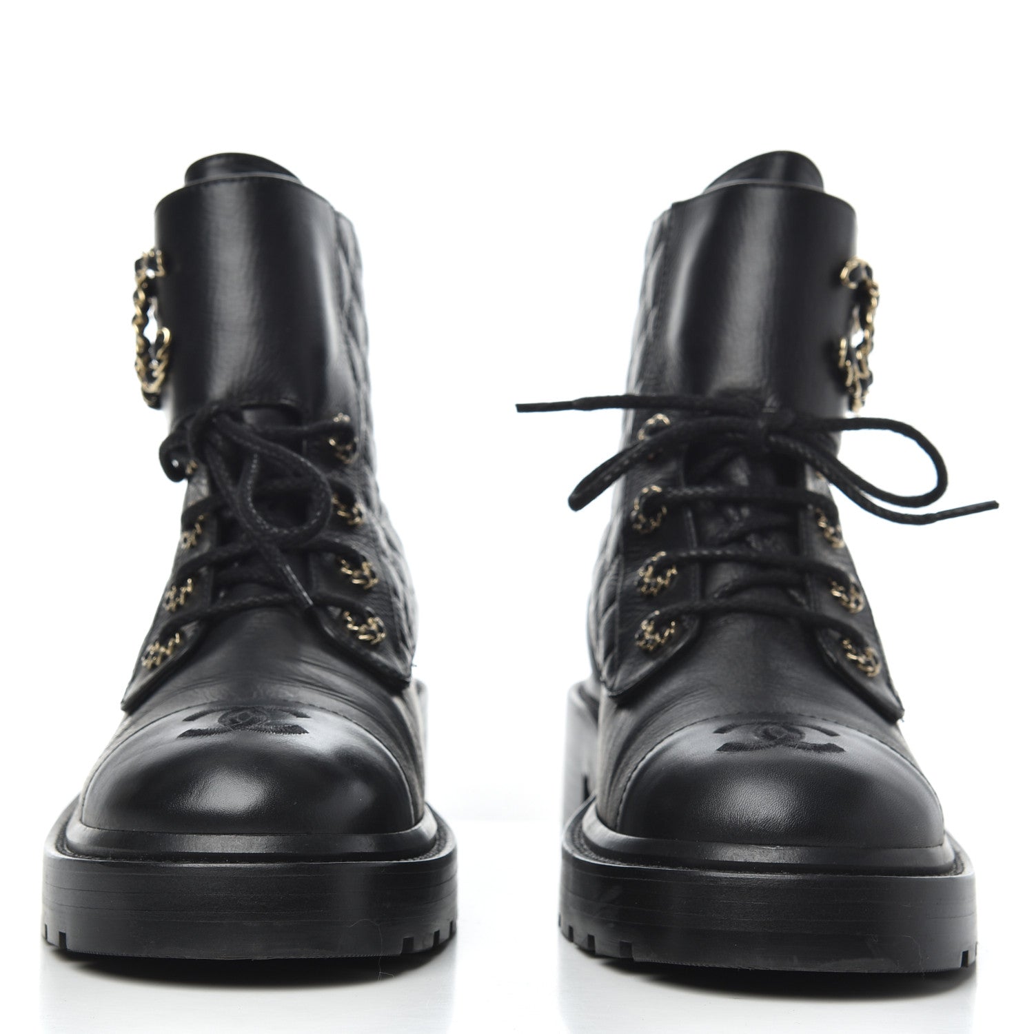 Chanel Shiny Goatskin Calfskin Quilted Lace Up Combat Boots 39 Black 2 of 10