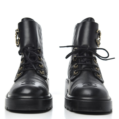 Chanel Shiny Goatskin Calfskin Quilted Lace Up Combat Boots 39 Black 2 of 10