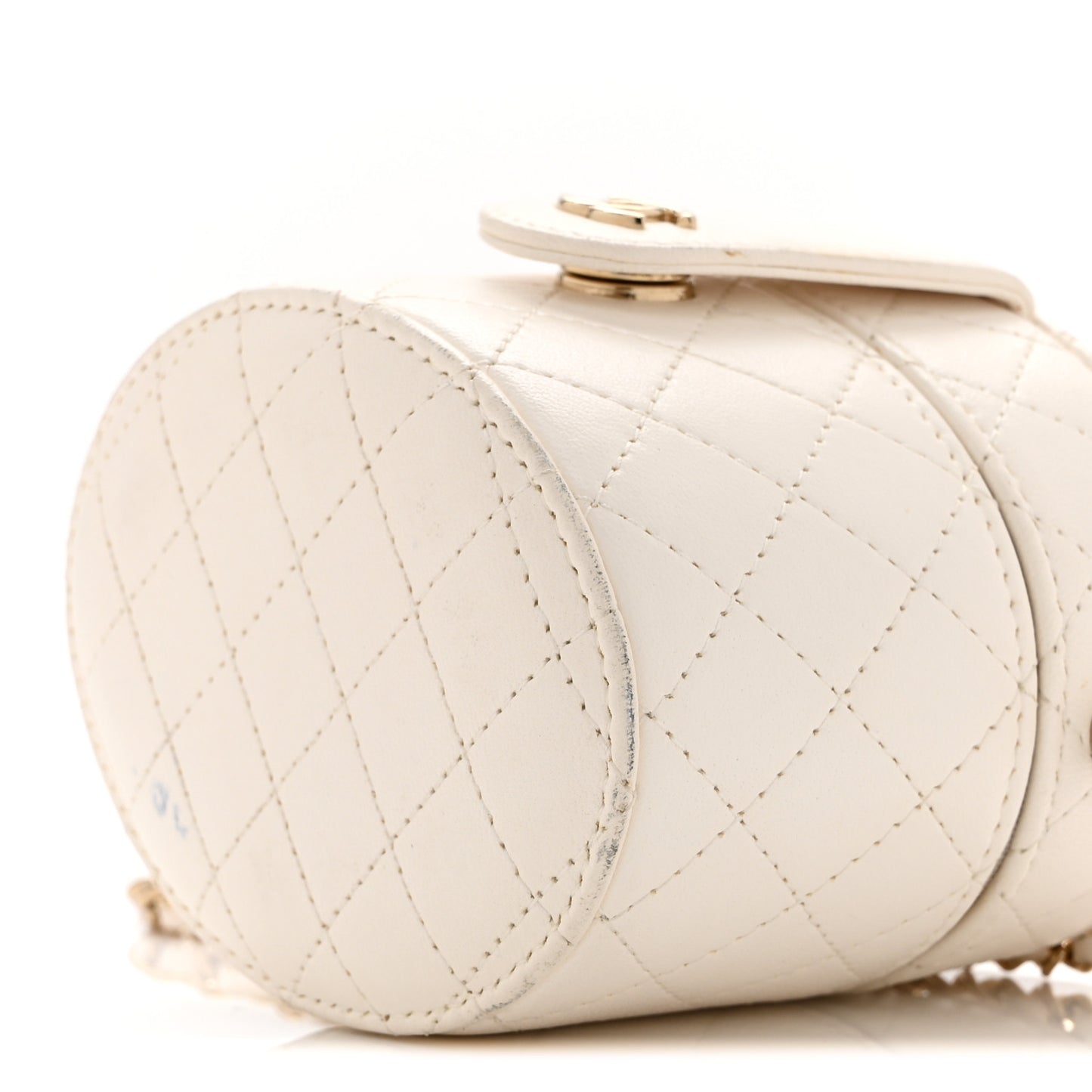 Lambskin Quilted Round Mini Vanity Case With Chain Case With Chain White