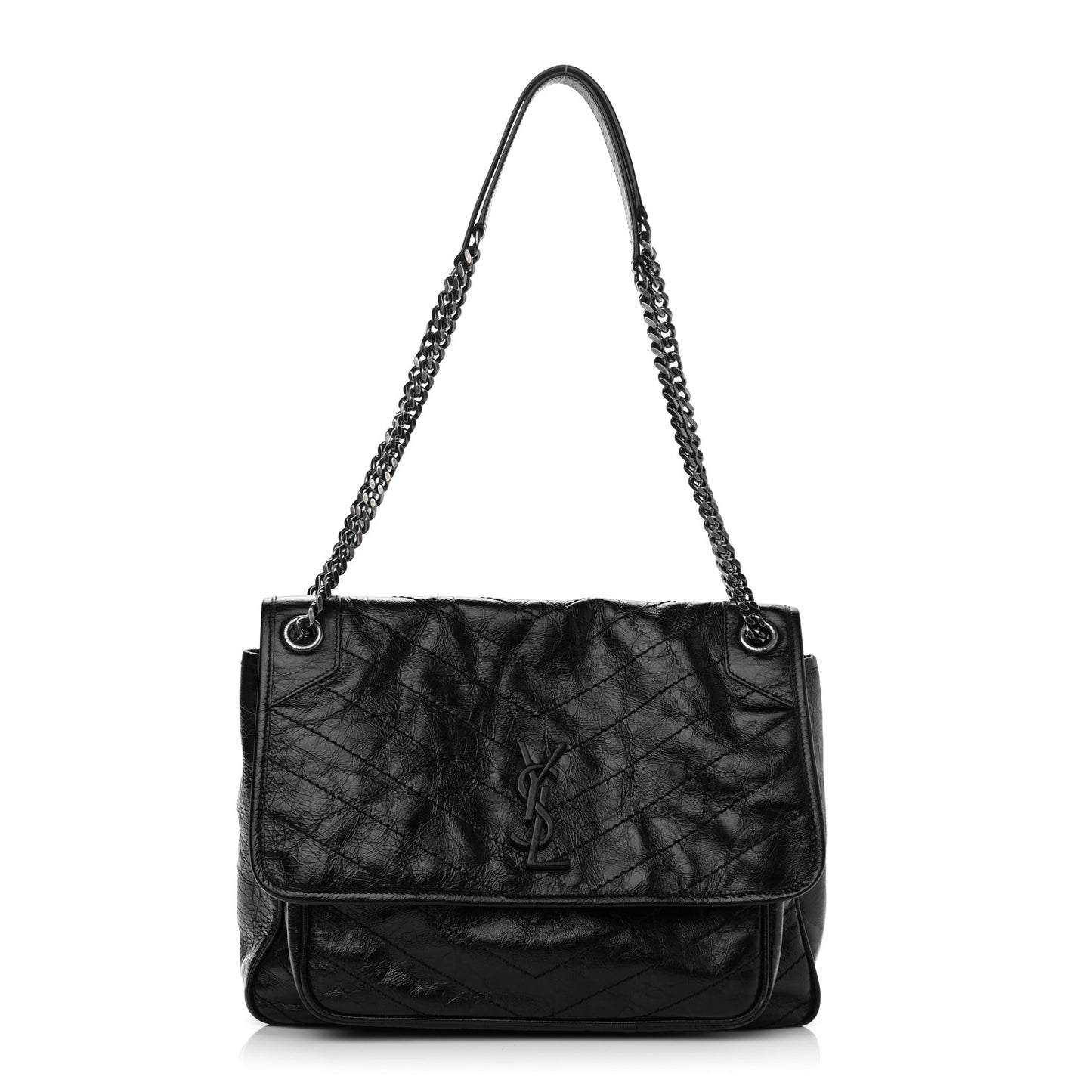 Crinkled Calfskin Matelasse Monogram Large Niki Chain Satchel Black