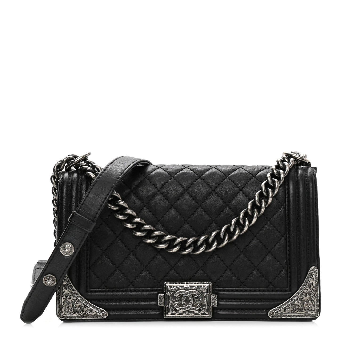 Calfskin Quilted Metal Embellished Paris Dallas Medium Boy Flap Black