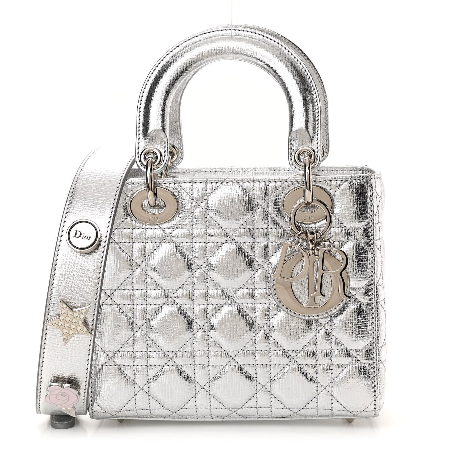 Metallic Grained Calfskin Cannage Small Lucky Badges My Lady Dior Silver