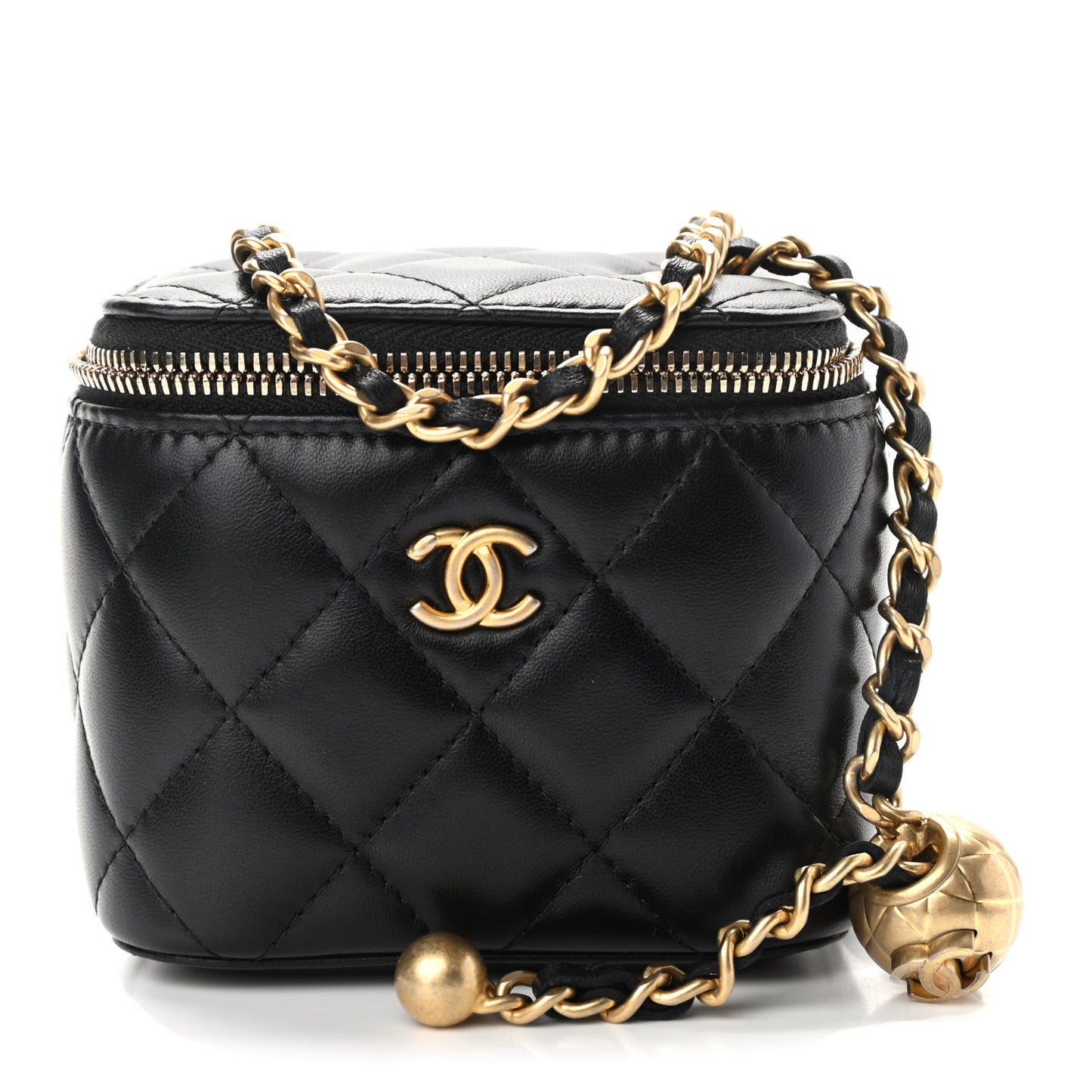 Lambskin Quilted Mini Pearl Crush Vanity Case With Chain Black