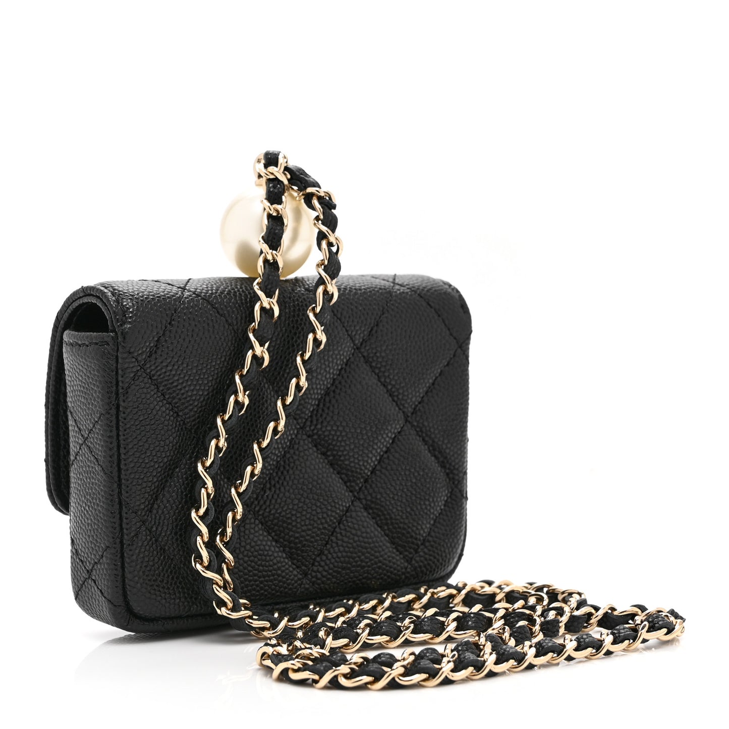 Caviar Quilted Mini Pearl On Top Coin Purse With Chain Black