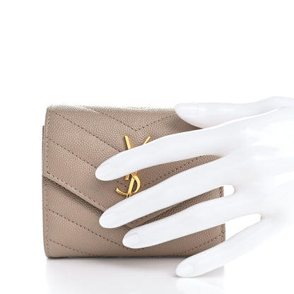 Saint Laurent Grain De Poudre Matelasse Chevron Cassandre Monogram Compact Tri Fold Wallet Dark Beige 2 of 10