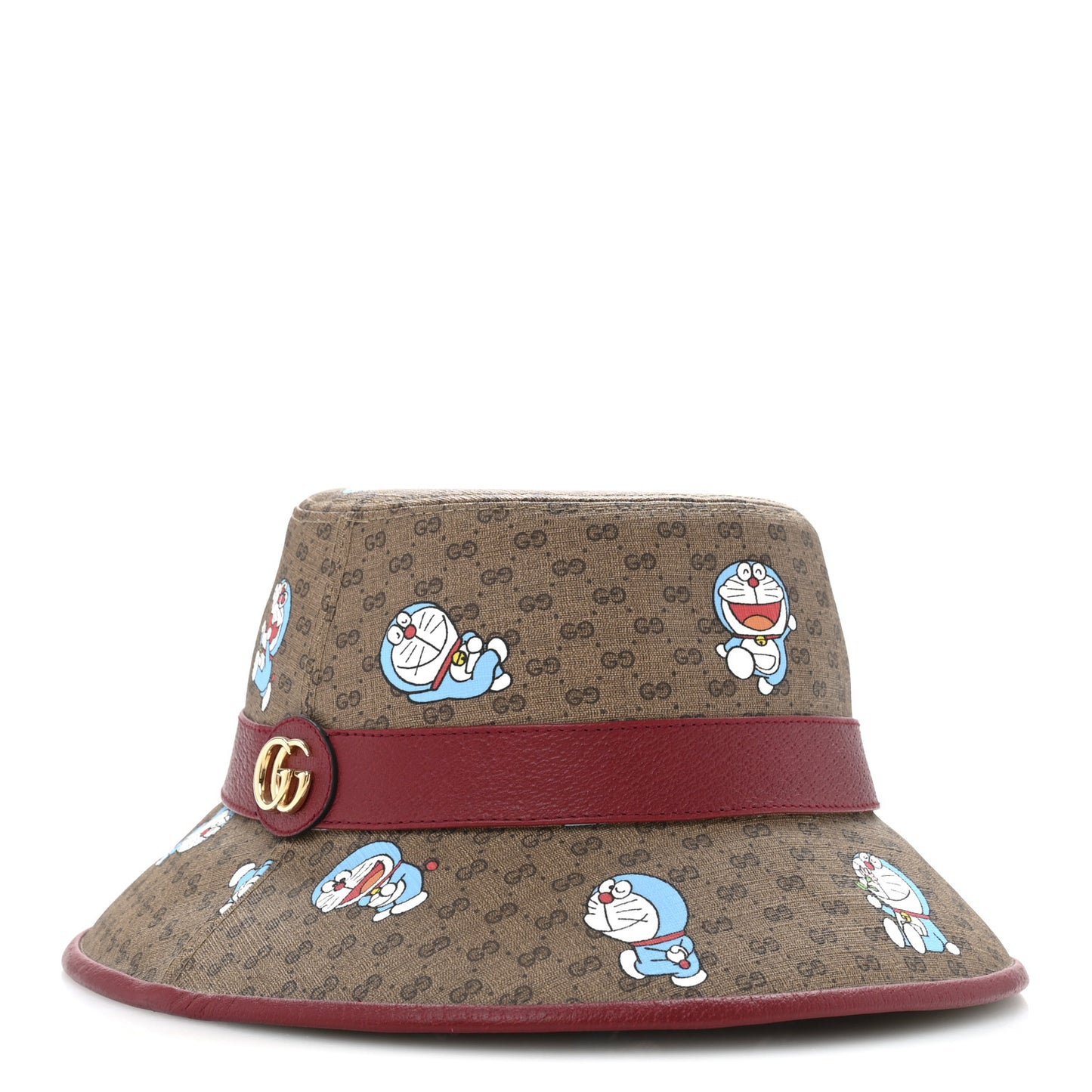 X DORAEMON Mini Vintage GG Supreme Monogram Textured Dollar Calfskin Bucket Hat S Beige Cherry Red