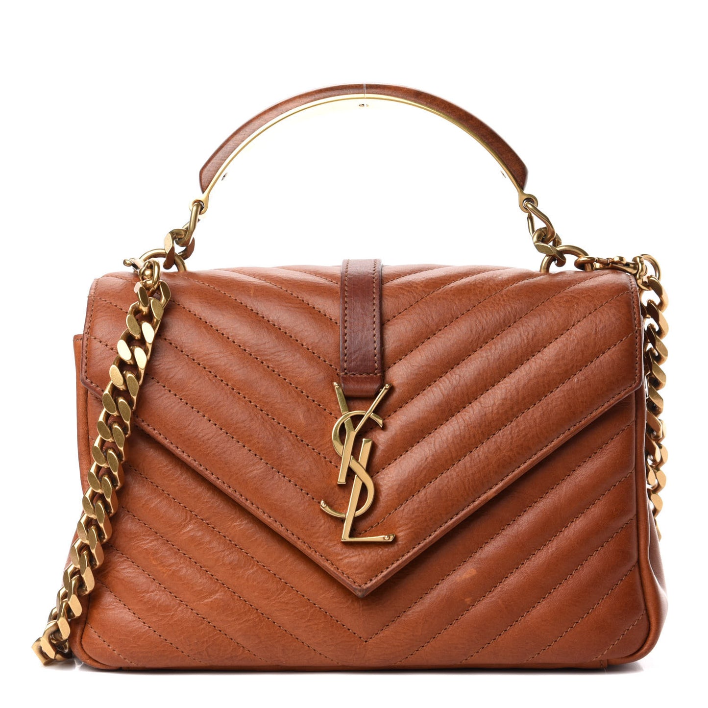 Calfskin Matelasse Chevron Monogram Medium College Satchel Cognac