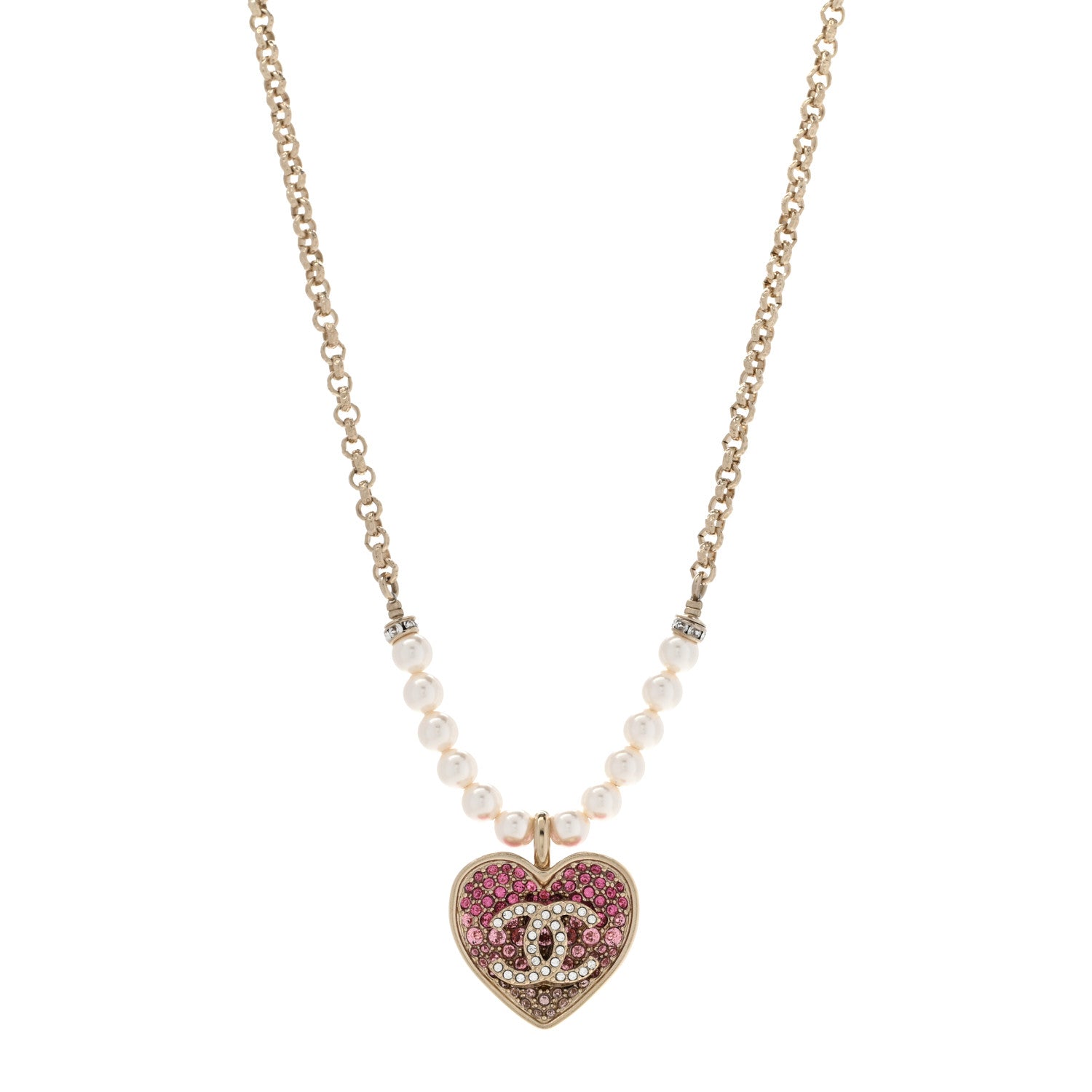 Chanel Pearl Crystal Resin CC Heart Short Necklace Pink Gold White 1 of 8