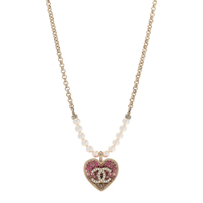 Chanel Pearl Crystal Resin CC Heart Short Necklace Pink Gold White 1 of 8